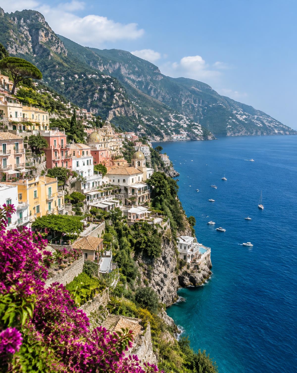 Pastel cliffside village above a blue sea on the Amalfi Coast