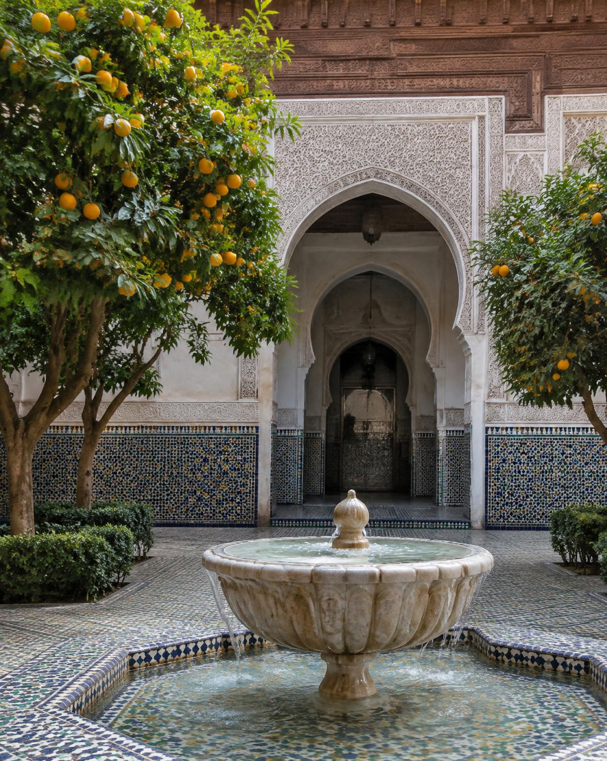 Courtyard with a fountain, arches and zellige tiles in Marrakech